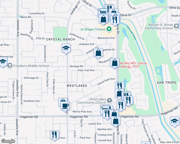 map of restaurants, bars, coffee shops, grocery stores, and more near 10103 Polo Trail Avenue in Bakersfield