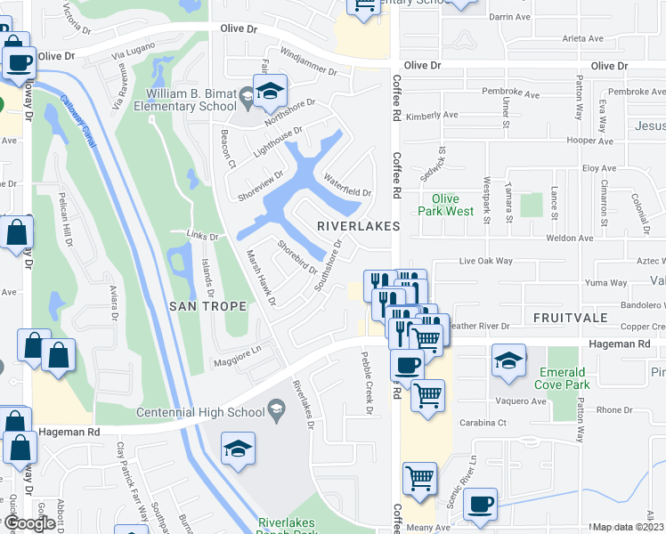 map of restaurants, bars, coffee shops, grocery stores, and more near 8333 White Squall Lane in Bakersfield