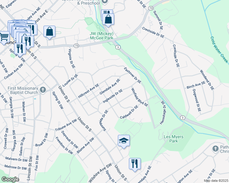 map of restaurants, bars, coffee shops, grocery stores, and more near 135 Ingleside Drive Southeast in Concord