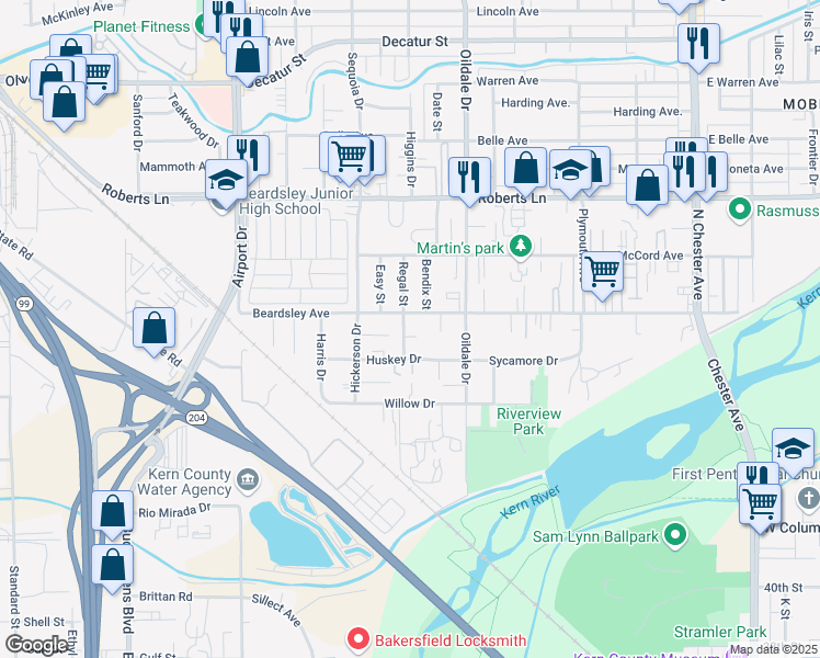 map of restaurants, bars, coffee shops, grocery stores, and more near 110 Regal Street in Bakersfield