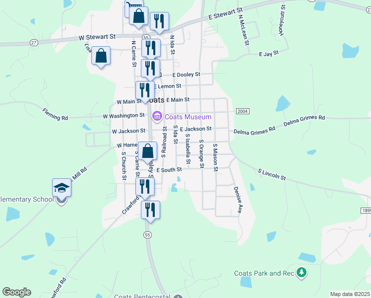 map of restaurants, bars, coffee shops, grocery stores, and more near 240 S Isabella St in Coats