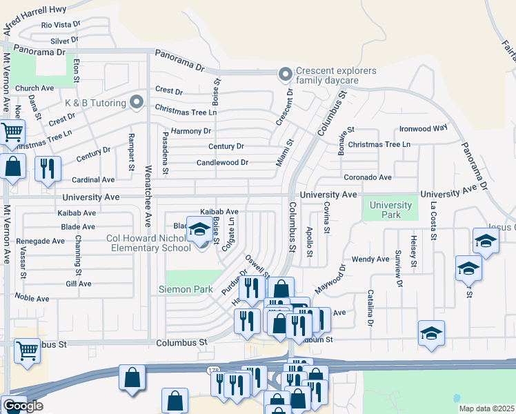 map of restaurants, bars, coffee shops, grocery stores, and more near 3800 Kaibab Avenue in Bakersfield