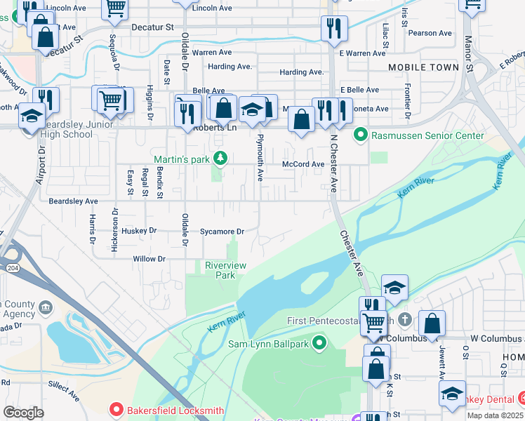 map of restaurants, bars, coffee shops, grocery stores, and more near 116 Plymouth Avenue in Bakersfield
