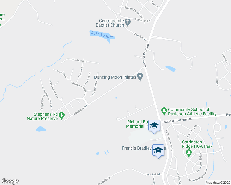 map of restaurants, bars, coffee shops, grocery stores, and more near 6410 Stephens Road in Huntersville