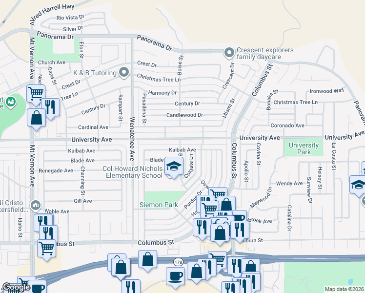 map of restaurants, bars, coffee shops, grocery stores, and more near 3500 Kaibab Avenue in Bakersfield