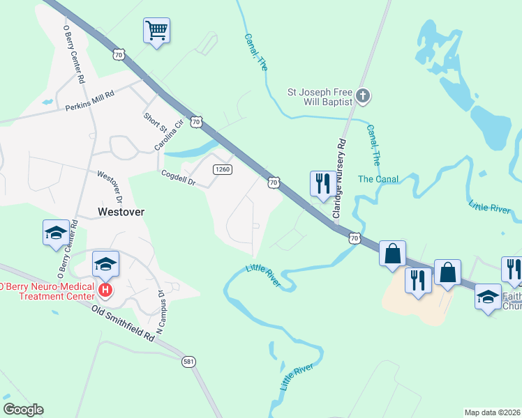 map of restaurants, bars, coffee shops, grocery stores, and more near 202 Westwood Drive in Goldsboro