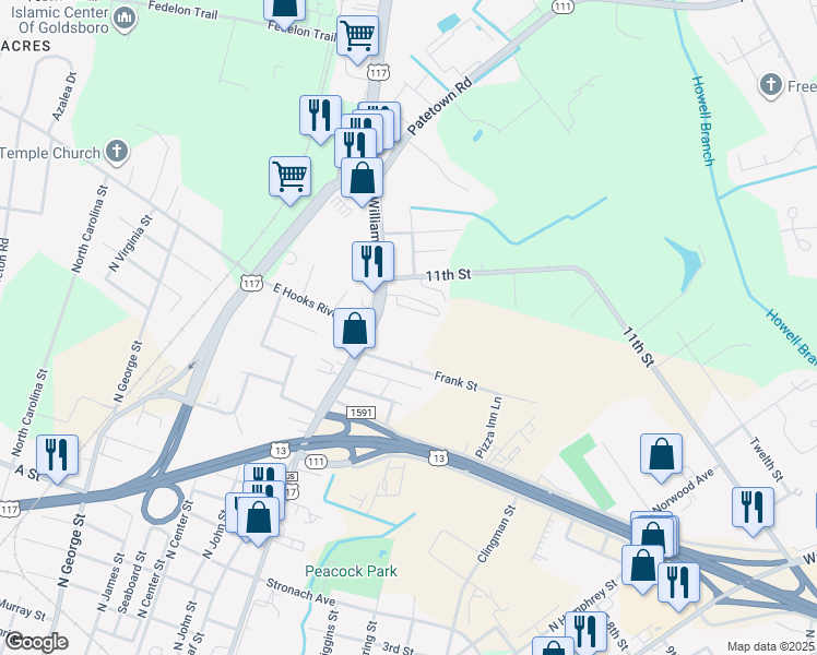 map of restaurants, bars, coffee shops, grocery stores, and more near 1900 North William Street in Goldsboro
