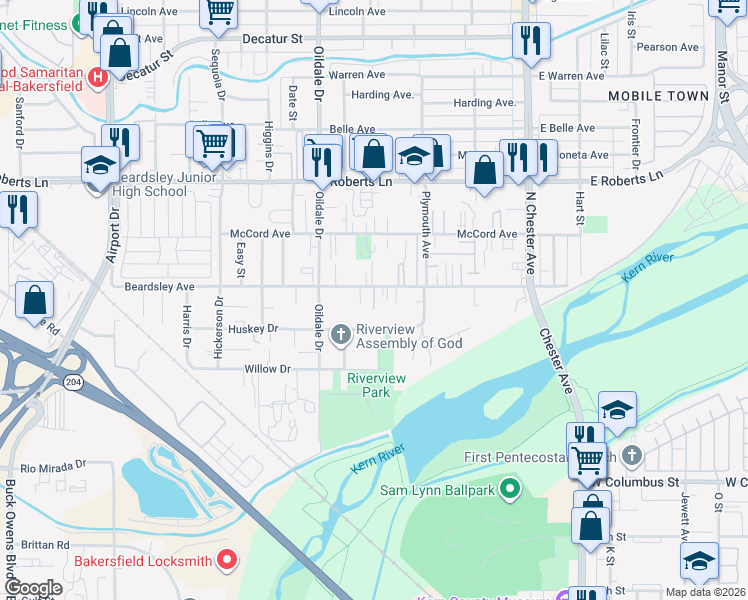 map of restaurants, bars, coffee shops, grocery stores, and more near 329 Beardsley Avenue in Bakersfield