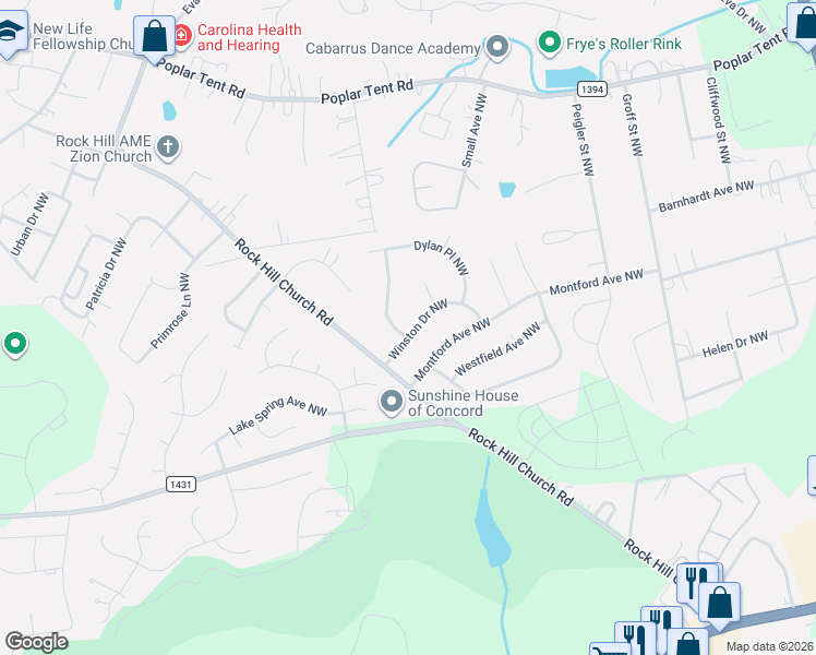 map of restaurants, bars, coffee shops, grocery stores, and more near 3104 Winston Drive Northwest in Concord