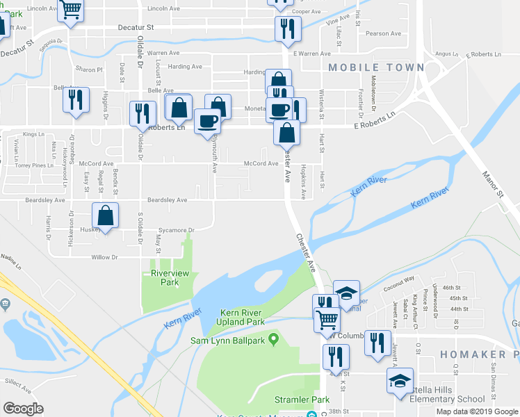map of restaurants, bars, coffee shops, grocery stores, and more near 111 Beardsley Avenue in Bakersfield
