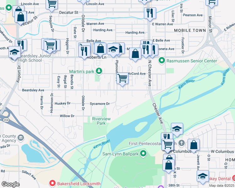 map of restaurants, bars, coffee shops, grocery stores, and more near 116 Plymouth Avenue in Bakersfield