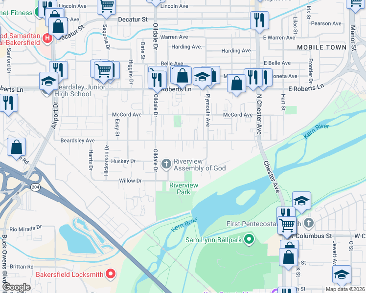 map of restaurants, bars, coffee shops, grocery stores, and more near 329 Beardsley Avenue in Bakersfield