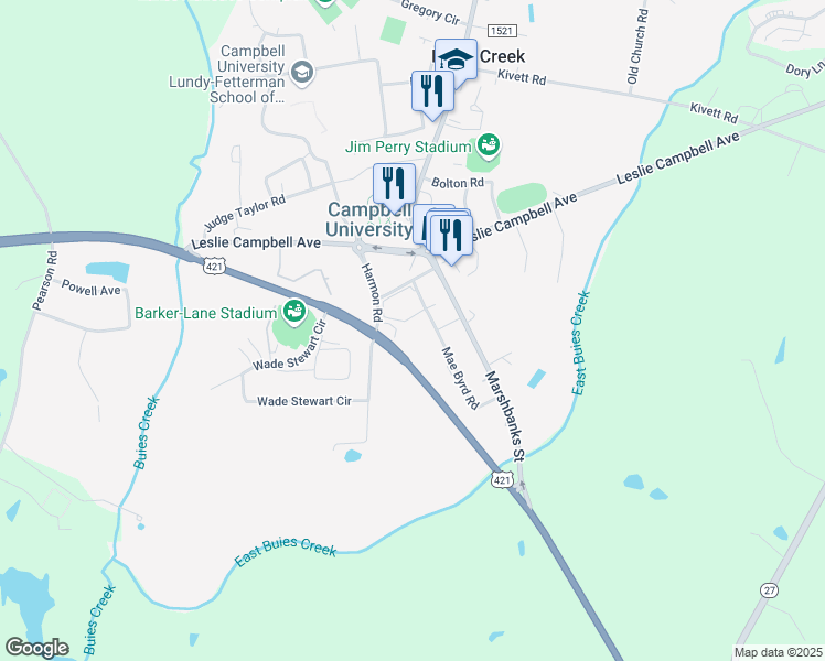 map of restaurants, bars, coffee shops, grocery stores, and more near 100 Mae Byrd Road in Lillington