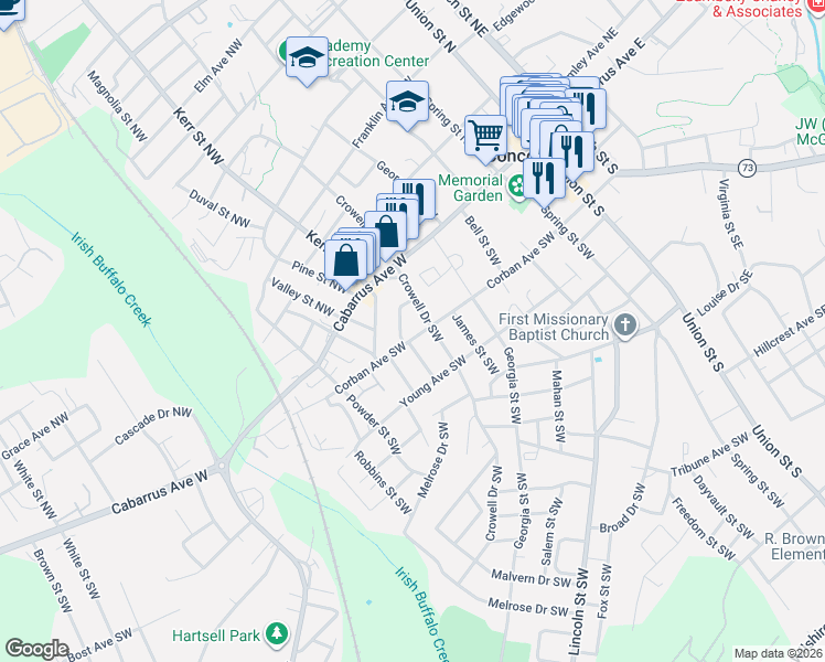 map of restaurants, bars, coffee shops, grocery stores, and more near 204 Corban Avenue Southwest in Concord