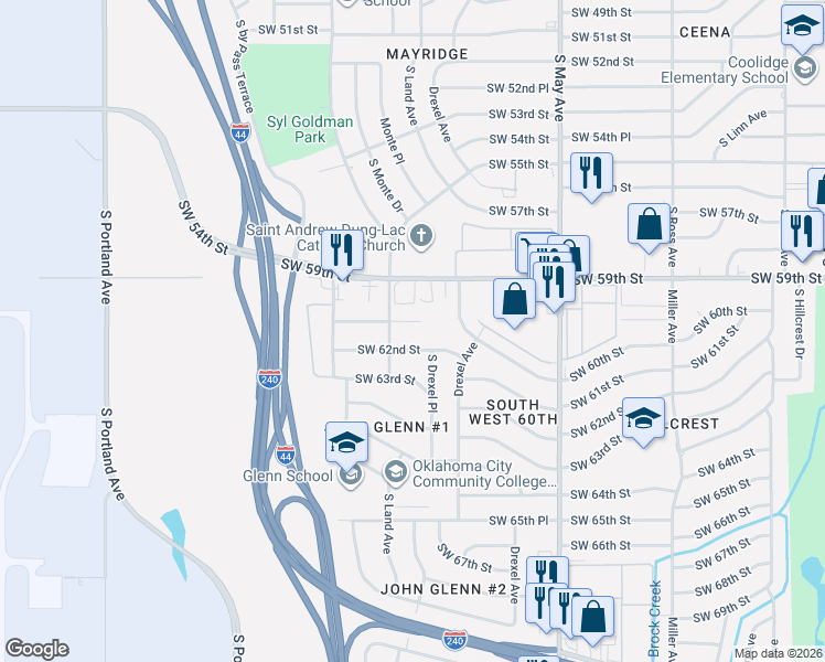 map of restaurants, bars, coffee shops, grocery stores, and more near 3140 Southwest 61st Street in Oklahoma City