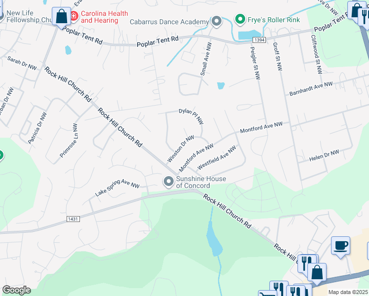 map of restaurants, bars, coffee shops, grocery stores, and more near 3011 Winston Drive Northwest in Concord