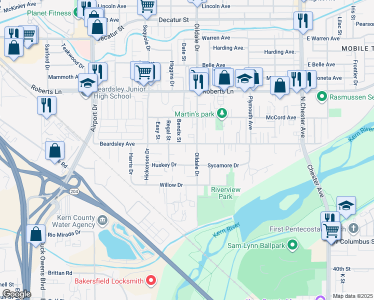 map of restaurants, bars, coffee shops, grocery stores, and more near 509 Beardsley Avenue in Bakersfield