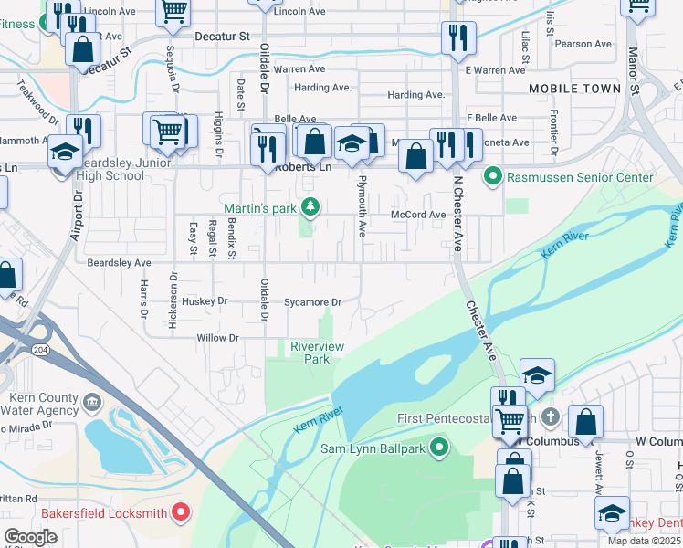 map of restaurants, bars, coffee shops, grocery stores, and more near 309 Beardsley Avenue in Bakersfield