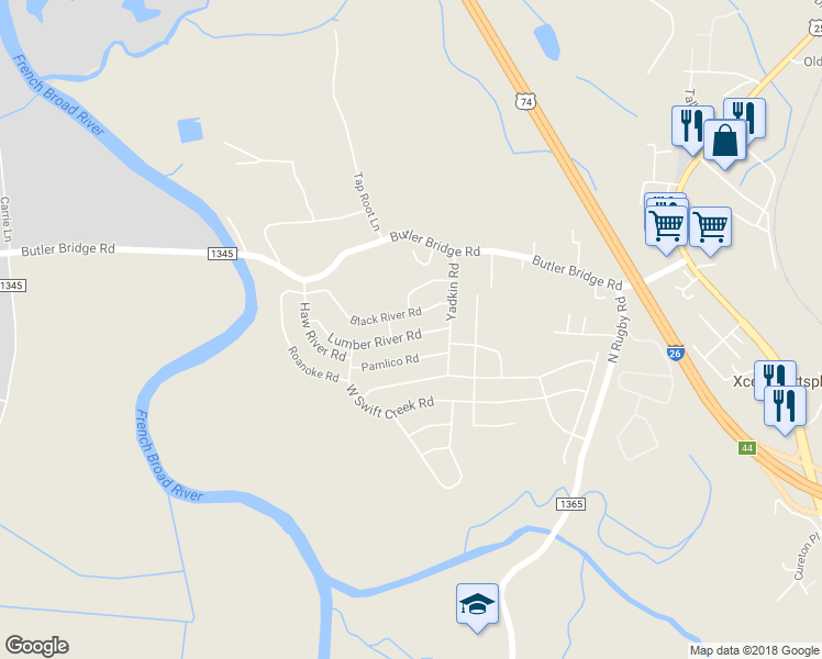 map of restaurants, bars, coffee shops, grocery stores, and more near 88 Lumber River Road in Fletcher