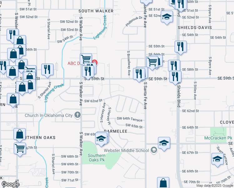 map of restaurants, bars, coffee shops, grocery stores, and more near 205 Southwest 62nd Street in Oklahoma City