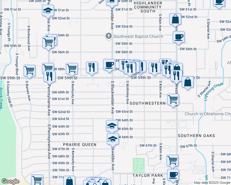 map of restaurants, bars, coffee shops, grocery stores, and more near 6114 South Blackwelder Avenue in Oklahoma City