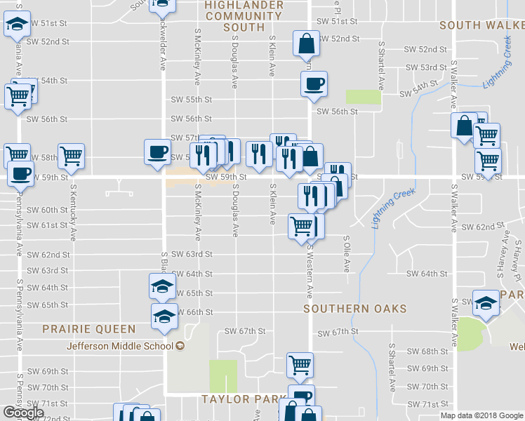 map of restaurants, bars, coffee shops, grocery stores, and more near 1009 Southwest 61st Street in Oklahoma City