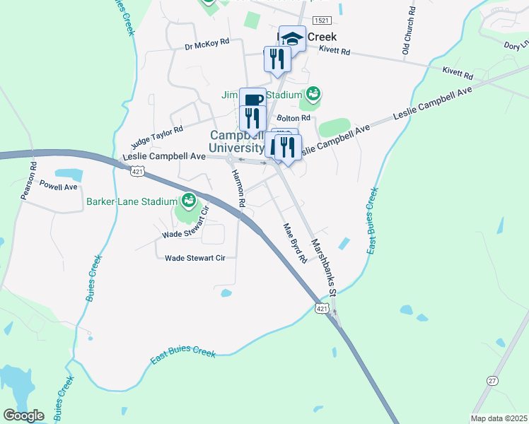 map of restaurants, bars, coffee shops, grocery stores, and more near 100 Mae Byrd Road in Lillington