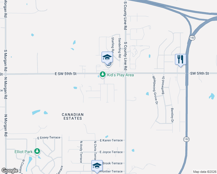 map of restaurants, bars, coffee shops, grocery stores, and more near 1404 North Storybrook Terrace in Mustang