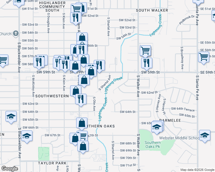 map of restaurants, bars, coffee shops, grocery stores, and more near 6313 South Dewey Avenue in Oklahoma City