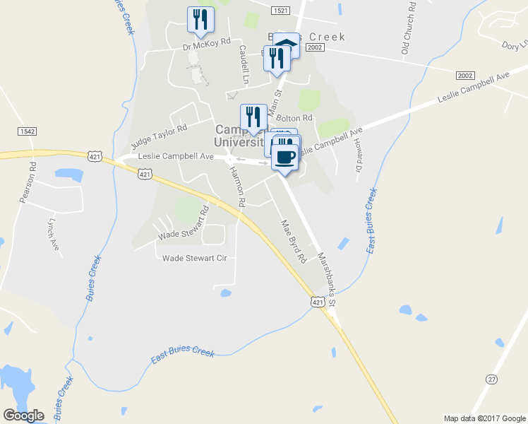 map of restaurants, bars, coffee shops, grocery stores, and more near 100 Mae Byrd Road in Lillington