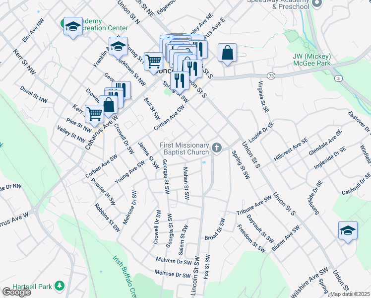 map of restaurants, bars, coffee shops, grocery stores, and more near 97 Ring Avenue Southwest in Concord
