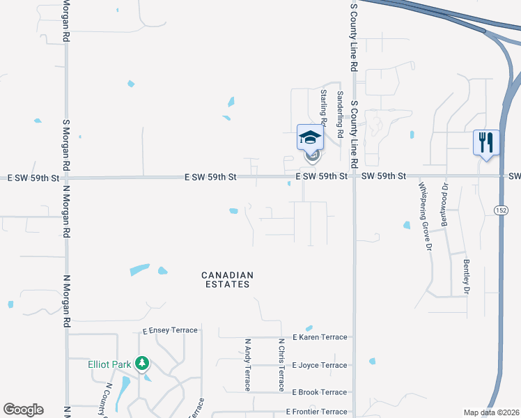 map of restaurants, bars, coffee shops, grocery stores, and more near 2237 North Payton Court in Mustang