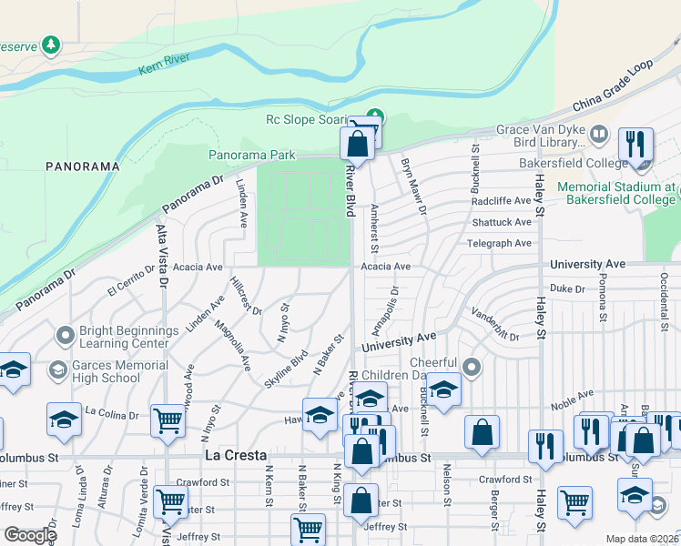 map of restaurants, bars, coffee shops, grocery stores, and more near 811 Acacia Avenue in Bakersfield