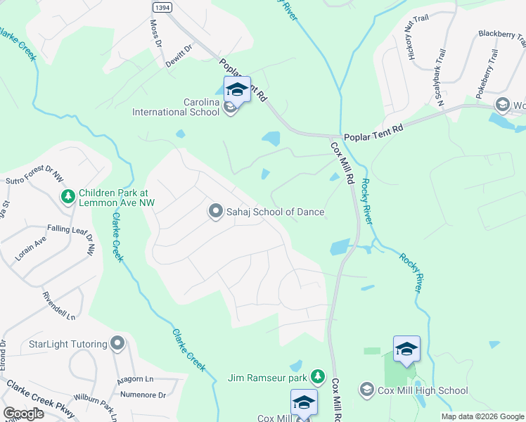 map of restaurants, bars, coffee shops, grocery stores, and more near 1054 Old Trace Road Northwest in Concord
