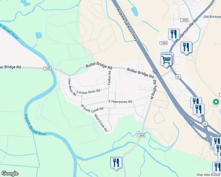 map of restaurants, bars, coffee shops, grocery stores, and more near 177 Yadkin Rd in Fletcher