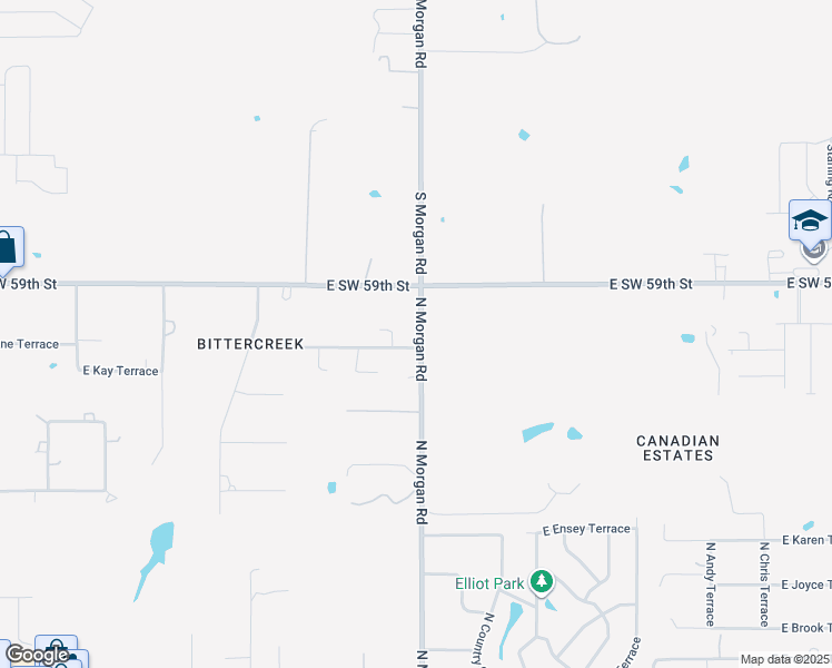 map of restaurants, bars, coffee shops, grocery stores, and more near 1417 North Morgan Road in Mustang