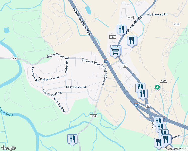 map of restaurants, bars, coffee shops, grocery stores, and more near 42 Javelin Drive in Hendersonville