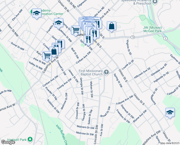map of restaurants, bars, coffee shops, grocery stores, and more near 97 Ring Avenue Southwest in Concord