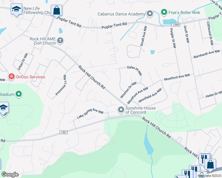 map of restaurants, bars, coffee shops, grocery stores, and more near 3230 Rock Hill Church Road in Concord
