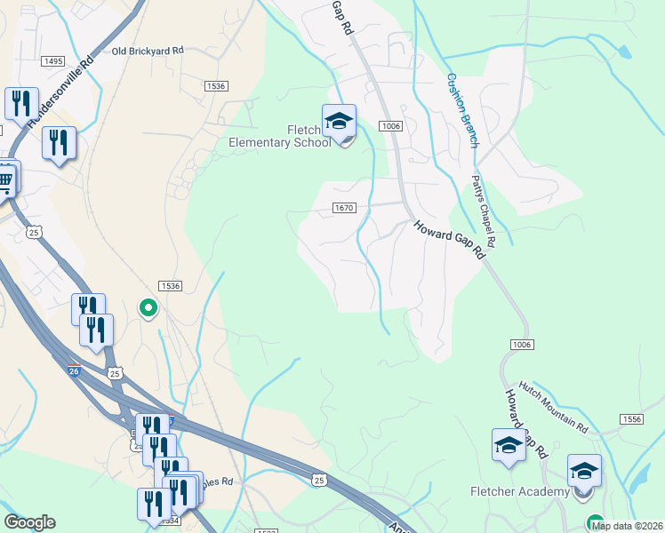 map of restaurants, bars, coffee shops, grocery stores, and more near 221 Fletcher View Drive in Fletcher