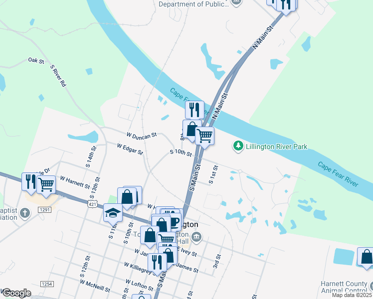 map of restaurants, bars, coffee shops, grocery stores, and more near 100 South 10th Street in Lillington