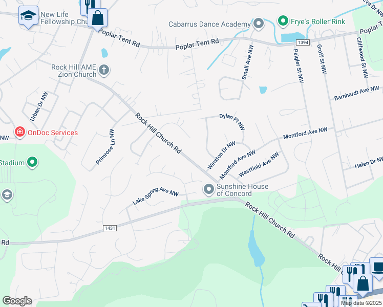 map of restaurants, bars, coffee shops, grocery stores, and more near 3230 Rock Hill Church Road in Concord