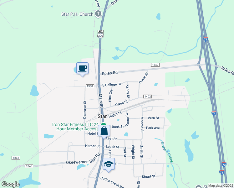 map of restaurants, bars, coffee shops, grocery stores, and more near 134 Owen Street in Star