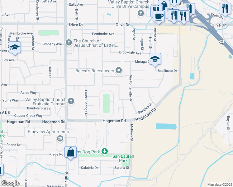 map of restaurants, bars, coffee shops, grocery stores, and more near 5119 Via Viretta Drive in Bakersfield