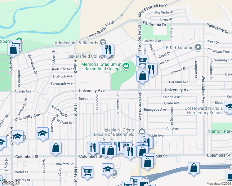 map of restaurants, bars, coffee shops, grocery stores, and more near 1917 University Avenue in Bakersfield