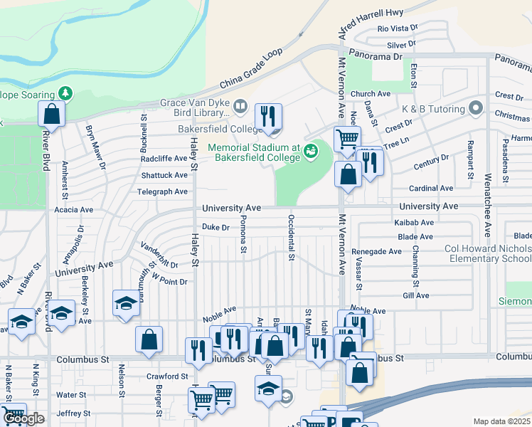 map of restaurants, bars, coffee shops, grocery stores, and more near 1813 University Avenue in Bakersfield