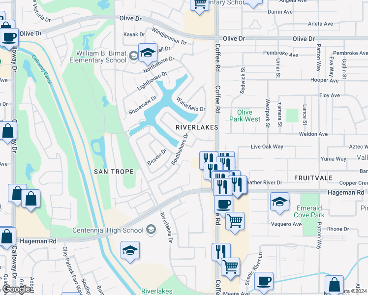 map of restaurants, bars, coffee shops, grocery stores, and more near 8333 White Squall Lane in Bakersfield