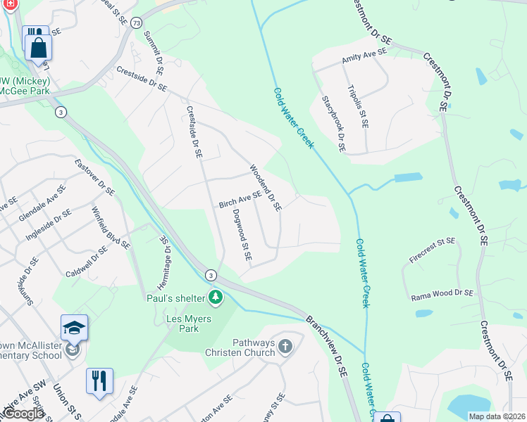 map of restaurants, bars, coffee shops, grocery stores, and more near 585 Woodend Drive Southeast in Concord