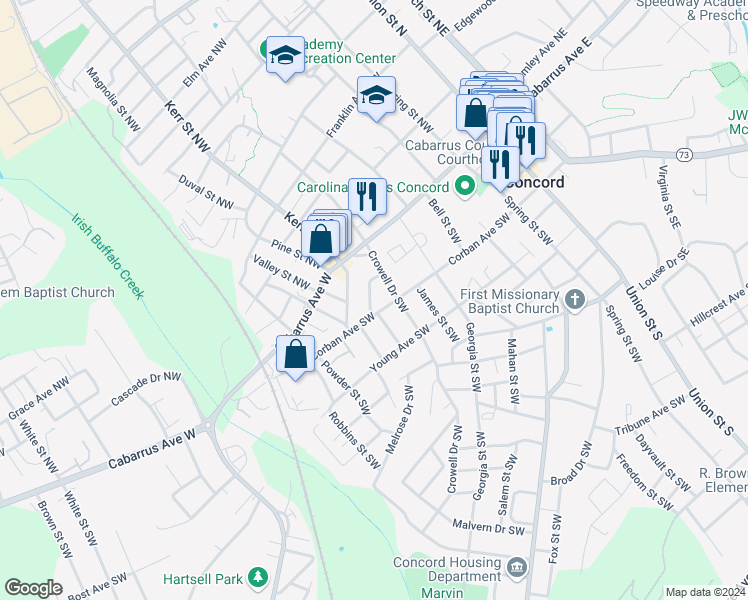 map of restaurants, bars, coffee shops, grocery stores, and more near 204 Corban Avenue Southwest in Concord