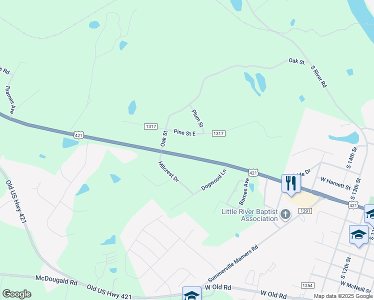 map of restaurants, bars, coffee shops, grocery stores, and more near 1242 U.S. 421 in Lillington